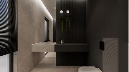 Nowoczesna, szaro-czarna łazienka z panelami 3d