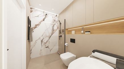 Wielkoformatowe kafle inspirowane marmurem w aranżacji bezowej łazienki 