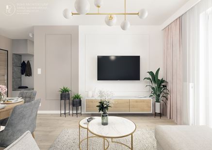 Salon modern classic z beżowo-białą ścianą telewizyjną