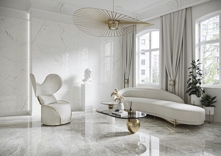 Salon glamour z białym marmurze wielkoformatowym Cerrad Marmo