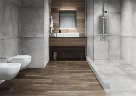 Minimalistyczna łazienka w betonie i drewnie
