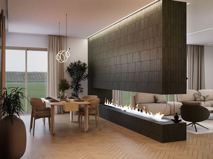Salon z jadalnią przedzielony cegiełkową ścianką z kominkiem