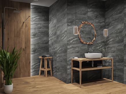 Brąz drewna i ciemny kamień Tubądzin Modern Basalt w stylowej łazience