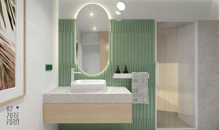 Strefa umywalkowa z zielonymi panelami 3d