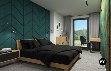 Butelkowo zielony panel tapicerowany za łóżkiem
