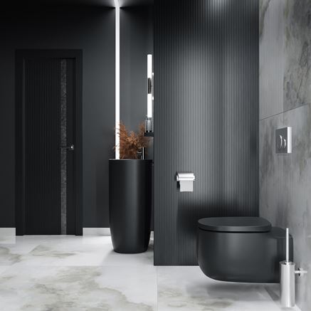 Czarno-biała łazienka z ciemną ceramiką