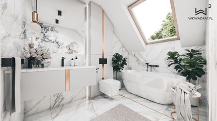 Marmurowa łazienka na poddaszu z miedzianymi listwami