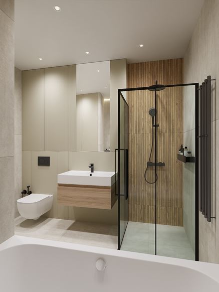 Szara łazienka z drewnopodobnymi płytkami pod prysznicem