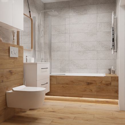 Brązowe drewno i szary kamień w nowoczesnej łazience