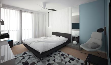 Monochromatyczna sypialnia z akcentem błękitu