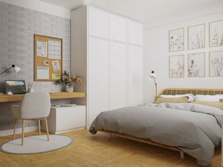 Aranżacja sypialni z ceglastą ścianą i jodełkową podłogą
