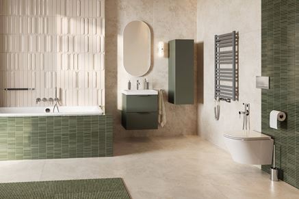 Łazienka w białych cegiełkach i zielonej mozaice