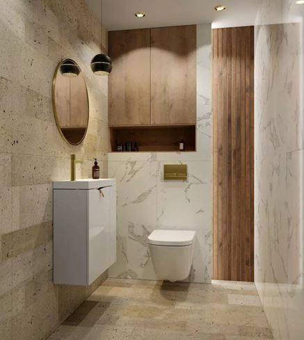 Toaleta w białym marmurze i beżowym kamieniu
