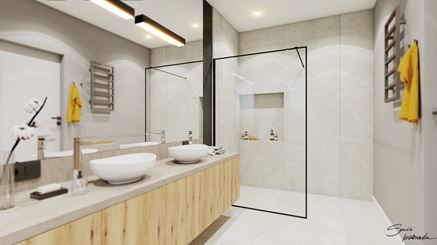 Łazienka z motywami betonu i drewna