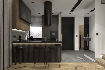 Czarny bar z podświetlanym panelem 3d w kuchni