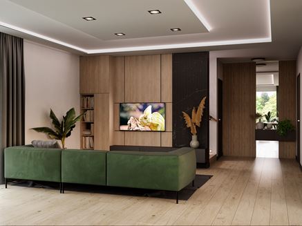 Otwarty salon ze ścianą telewizyjną w drewnie