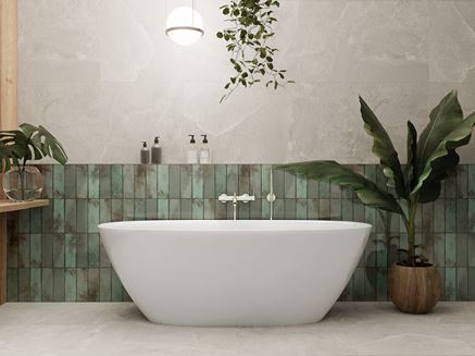Szaro-zielona łazienka z wanną wolnostojącą