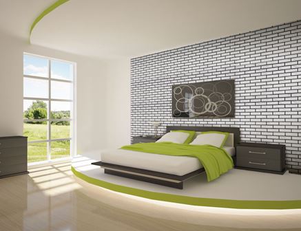 Nowoczesna sypialnia z ceglastą ścianą
