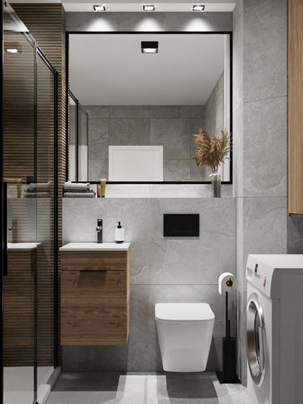 Aranżacja szarej łazienki ze strukturalnymi akcentami w brązie