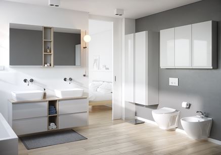 Szaro-biała łazienka z beżową podłogą z wyposażeniem Cersanit Moduo