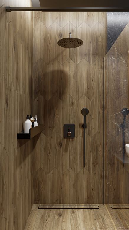 Strefa prysznicowa w drewnie z bateriami z kolekcji FDesign Ardesia