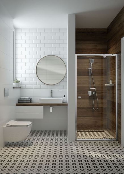 Drewno i biała cegiełka w nowoczesnej łazience