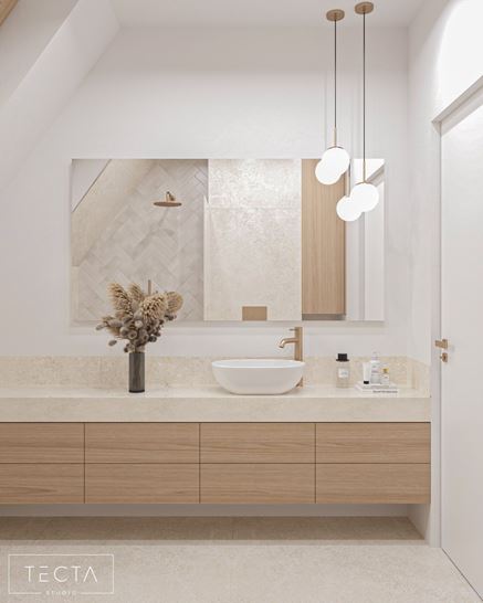 Elegancka, biało-beżowa łazienka w stylu japandi