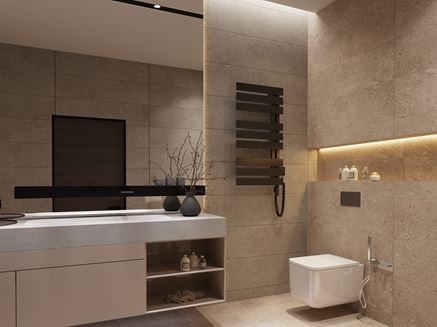 Szaro-beżowy kamień w łazience z prostokątną ceramiką
