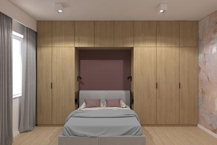 Sypialnia z drewnianą zabudową i strukturalną wnęką