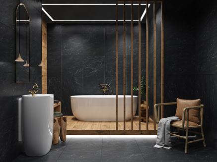 Drewno i czarny kamień w stylowej łazience Tubądzin Regal Stone