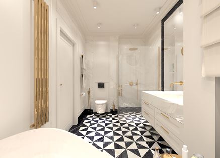 Biała łazienka z wanną i mozaiką w trojkąty