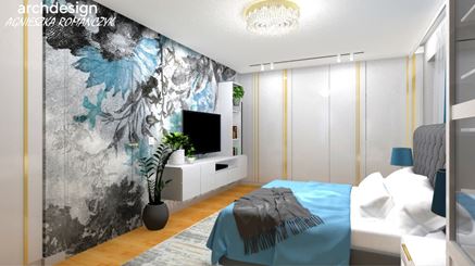Sypialnia w bieli z niebieską tapetą