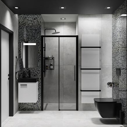 Szary beton i czarno-białe dekory w łazience z kabiną wnękową