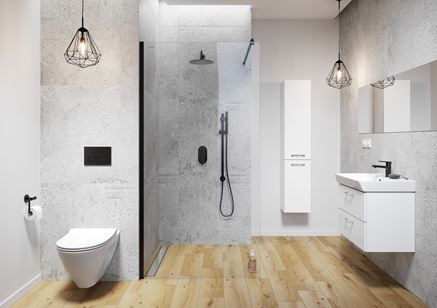 Beton i drewno w stylowej łazience z wyposażeniem z serii Cersanit Mille