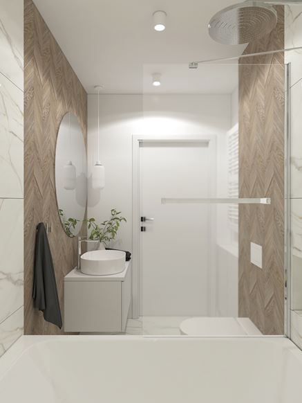 Marmur i jodełka drewniana w białej łazience
