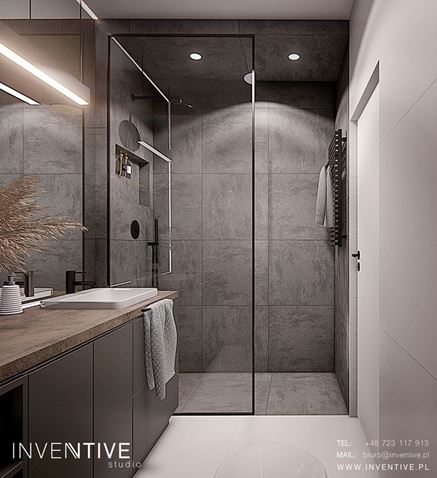 Prostokątna łazienka z ciemnoszarą wnęką prysznicową