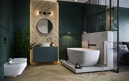 Zielona łazienka glamour z drewnianymi wykończeniami