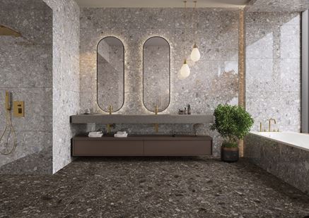 Aranżacja dużej łazienki w odcieniach szarości Cerrad Ceppo Nuovo