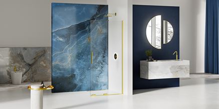 Łazienka glamour w szaro-niebieskim kamieniu w kabiną walk-in