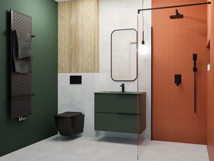 Szaro-czerwona łazienka z zielonymi akcentami