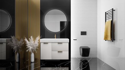 Czarno-biała łazienka z polerowaną podłogą z motywem marmuru