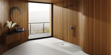 Minimalistyczna łazienka w drewnie z szarym brodzikiem Schedpol Kalait Cement Stone