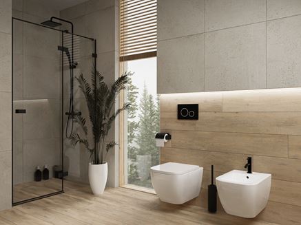 Aranżacja nowoczesnej łazienki z oknem i kamieniu i drewnie