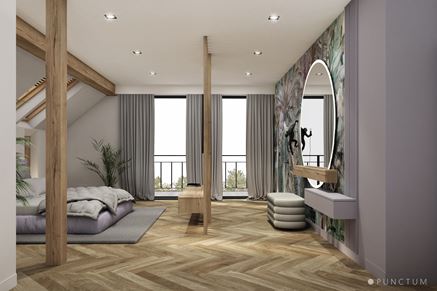 Sypialnia w aranżacji z egzotyczną tapetą i drewnianymi belkami
