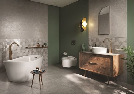 Szaro-zielona łazienka z geometrycznymi dekorami