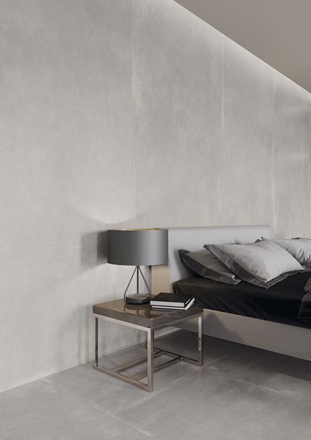 Ściana w sypialni w wielkim formacie Cerrad Modern Concrete