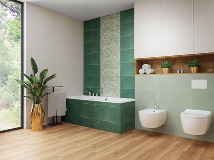 Zielona łazienka z florystycznymi wzorami