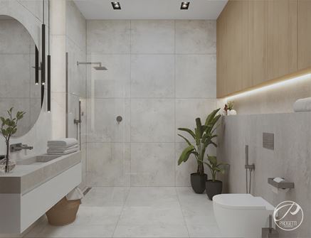 Łazienka z betonową umywalką i prysznicem walk-in