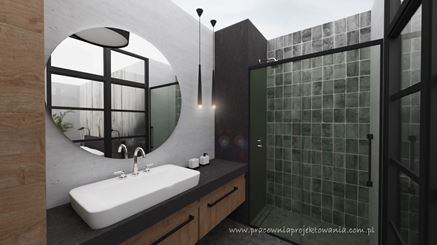Szara łazienka z kamienną mozaiką pod prysznicem