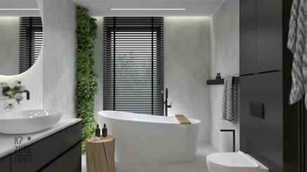 Szara łazienka z wolnostojącą wanną i zielonym panelem przy oknie